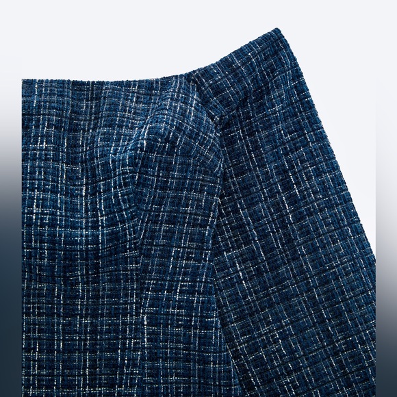 Zara NWT tweed off the shoulder peplum top - blue & black textured blouse - Picture 11 of 16